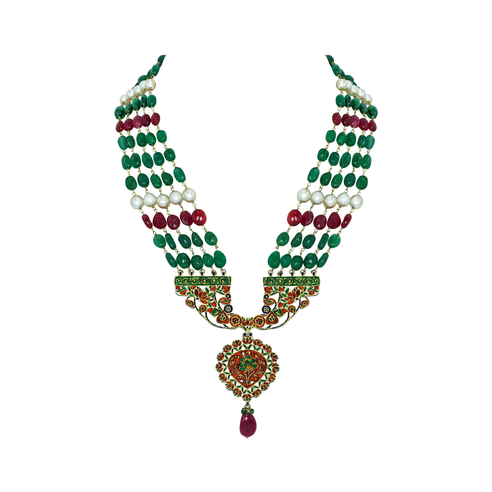 Multistrand Emerald Necklace with Polki Pendant and Ruby Drop
